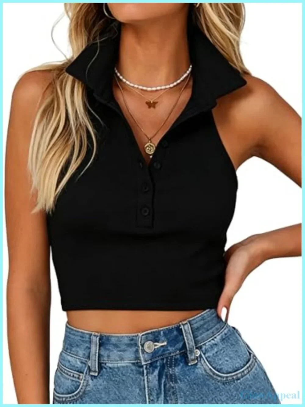 Halter Crop Top Backless Sleeveless Ribbed Knit Tank Polo Collar Button Front